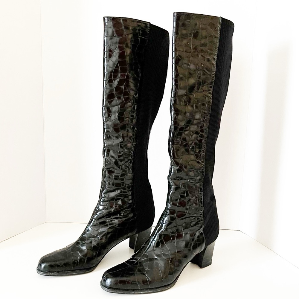 Stuart Weizmann Stylish Black Croc-Embossed Knee-High Boots